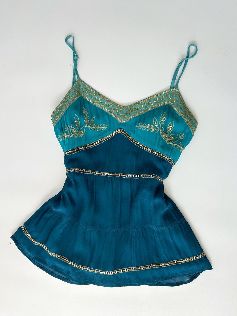 Vintage Dynamite Teal & Gold Embellished Babydoll Spaghetti Strap Cami - S/M